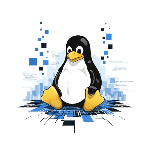 A stylised Tux the Linux penguin sitting on a digital blue circuit board with pixelated data fragments rising in the background.