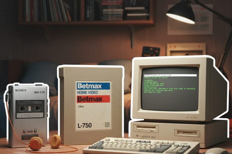 A nostalgic lineup of 80s and 90s technology featuring a silver Walkman with orange foam headphones, a Betamax L-750 home video tape, and a beige desktop PC with a CRT monitor on a wooden desk.