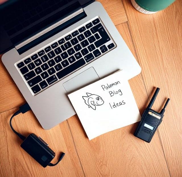 A top-down flat lay of a laptop on a wooden desk next to a vintage walkie-talkie and a handwritten note that says "Pokemon Blog Ideas" with a small doodle.