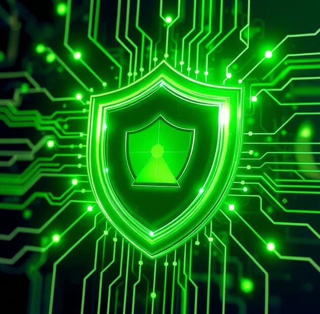 A glowing green digital shield with circuit board patterns, representing a secure home network DNS filter.